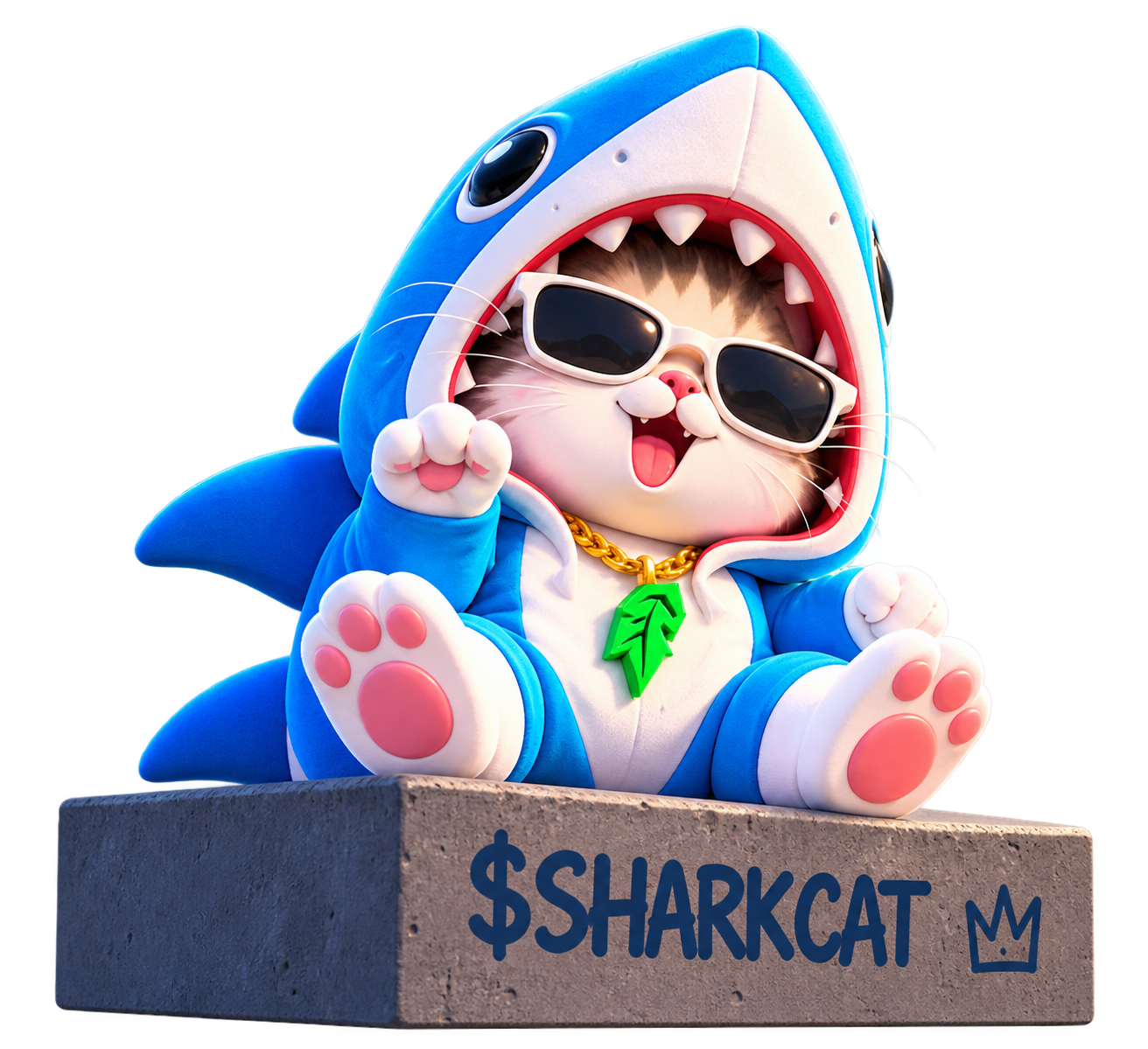 Shark Cat mascot, a cat wearing a shark costume